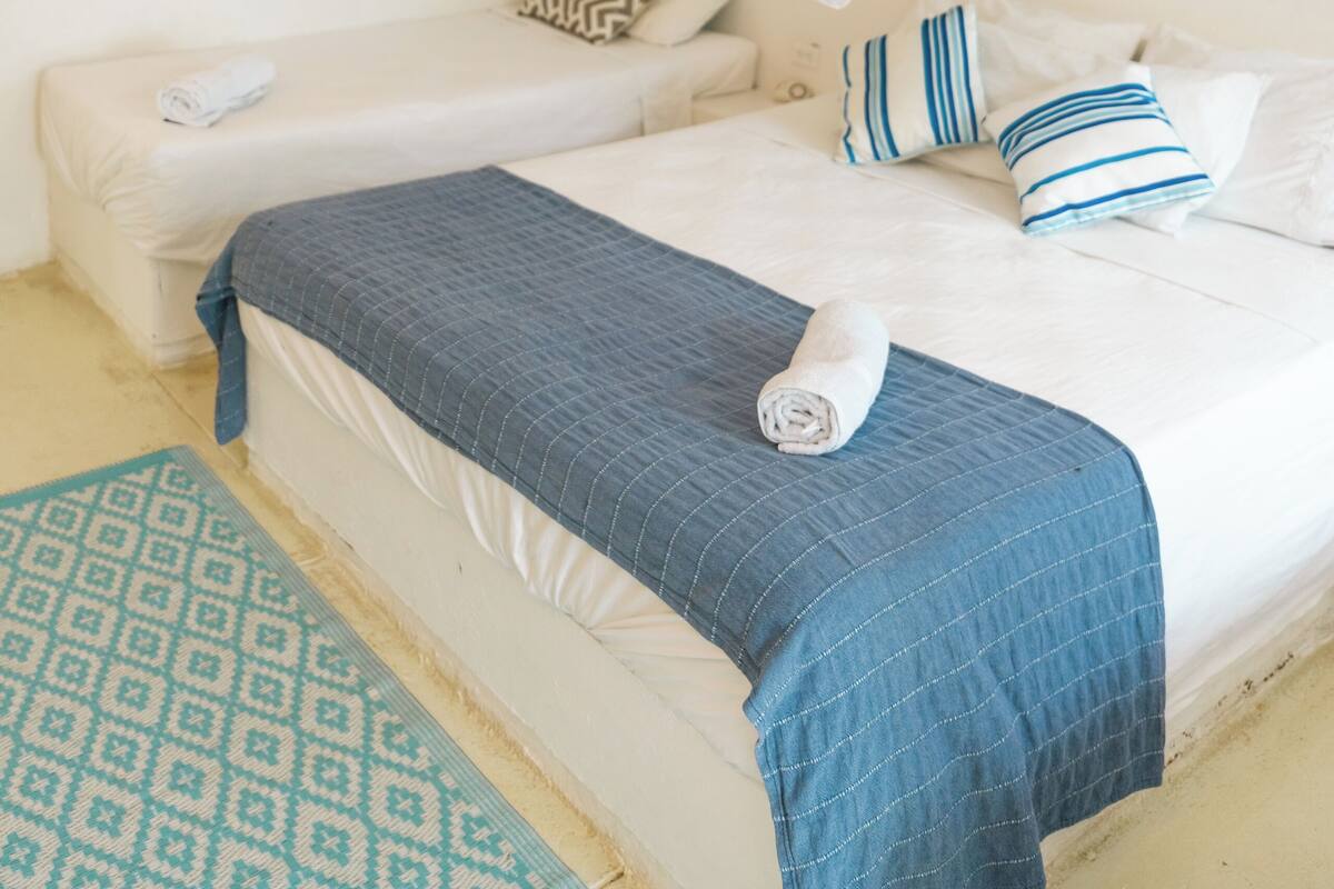 A bedroom with a canopy bed, two bedside tables, and a patterned rug.