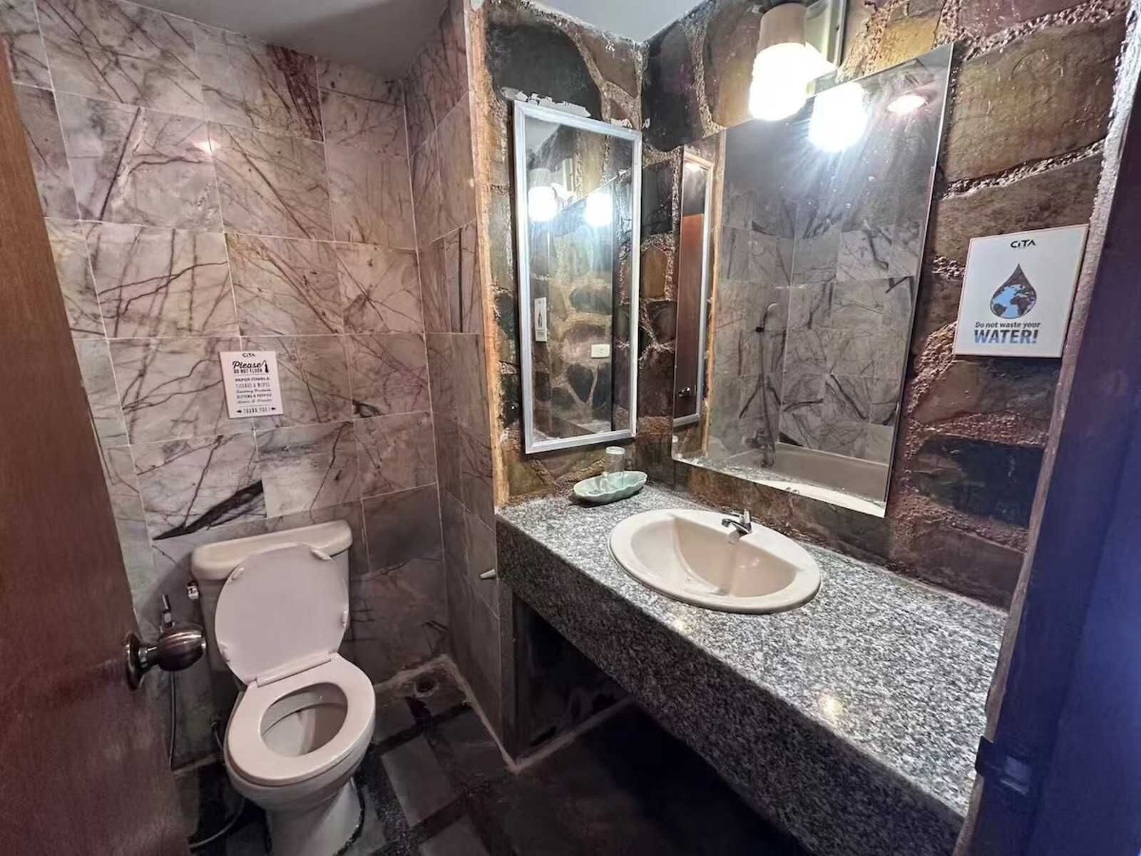 Un bagno con parete in marmo, un water, un lavandino e un grande specchio.
