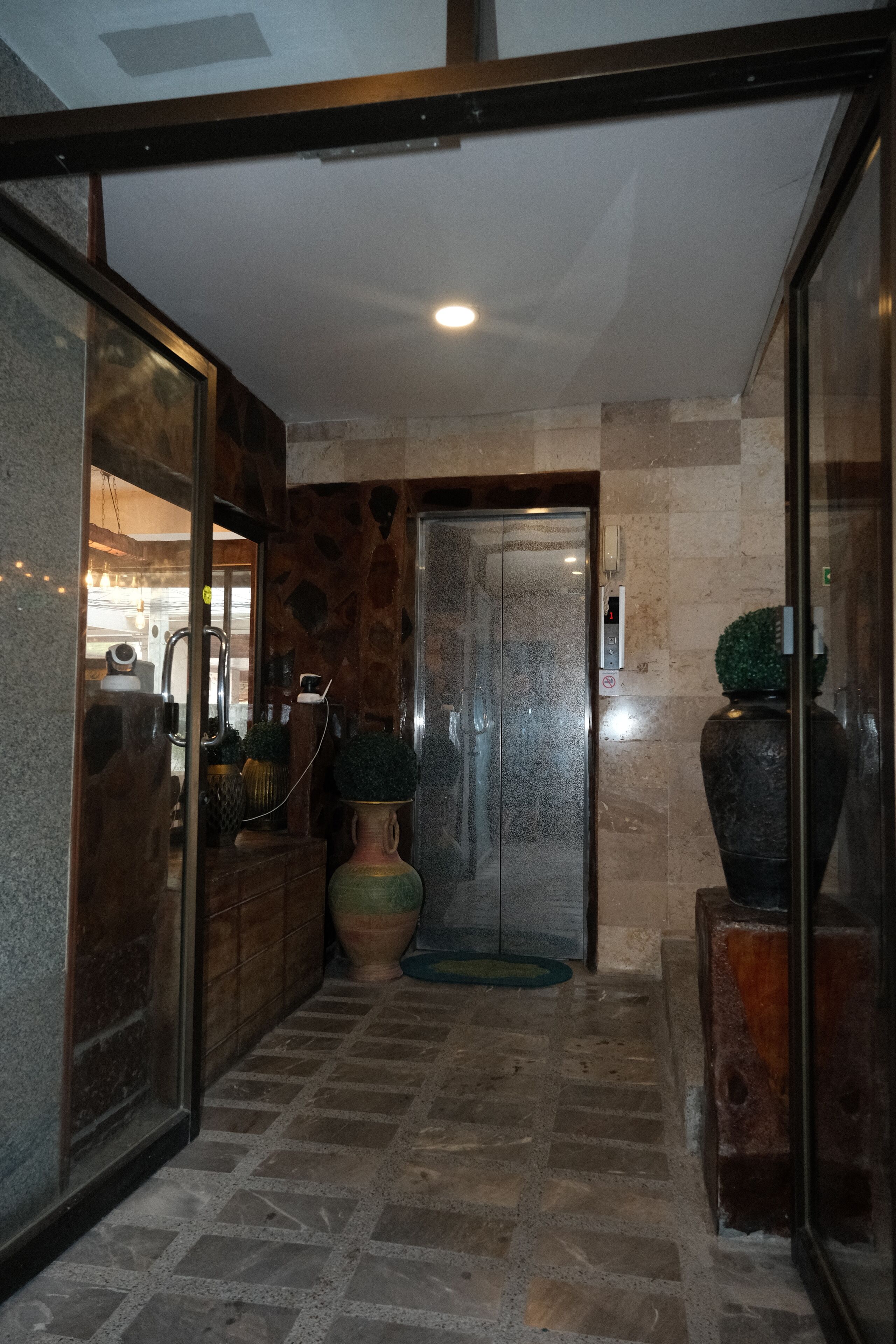 Un pasillo con ascensor de vidrio, paredes de piedra y una planta en maceta.
