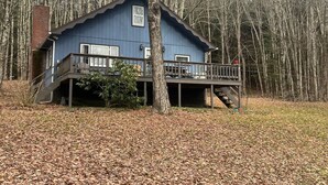 A blue cabin with a deck and stairs, surrounded by trees and fallen leaves. - Cozy Catskill Mountain Cabin (Margaretville)