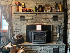 A stone fireplace with a vintage television, decorative items, and a framed notice on the mantel. - Cozy Catskill Mountain Cabin (Margaretville)