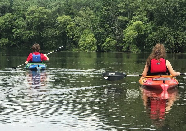 Two kayaks on a calm body of water with dense greenery in the background.