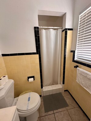 Hair dryer, towels, soap, toilet paper