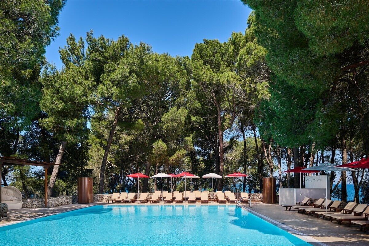 A swimming pool with lounge chairs and umbrellas, surrounded by trees.