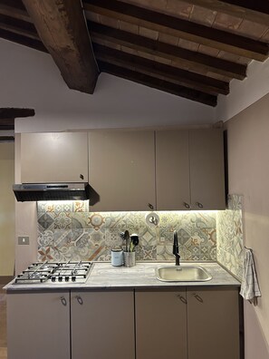 Fridge, microwave, stovetop, coffee/tea maker