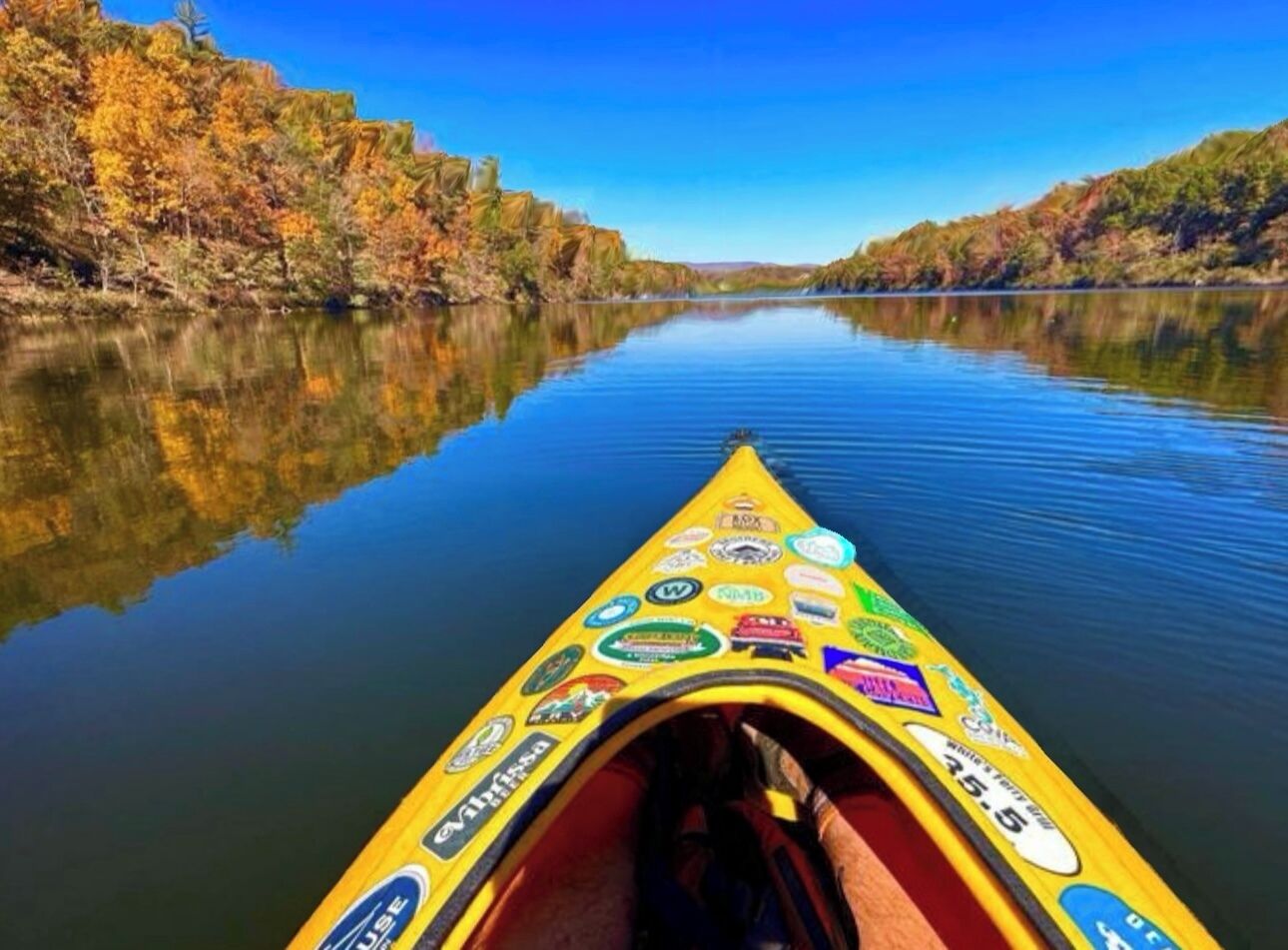 A yellow canoe with stickers on the front, floating on calm water with trees on the banks.