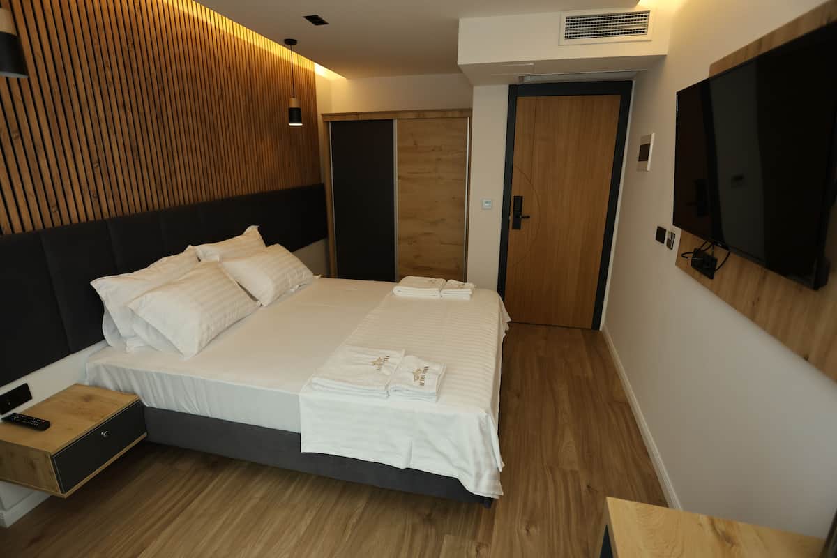 A modern hotel room with a large bed, wooden panel wall, a flat-screen TV, and a wooden door.