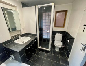 A bathroom with a shower, toilet, and sink. - "Bees & Birds" Cottage for 2 people, spacious, open, bright, green setting (Johannesburg)