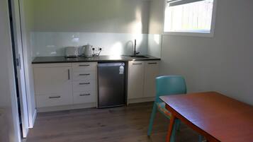 Fridge, microwave, electric kettle, toaster