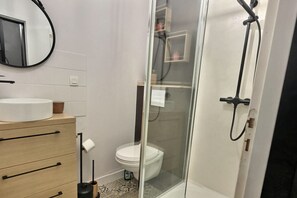 Shower, hair dryer, toilet paper
