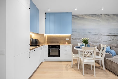 Comfort Apartment, Private Bathroom | Private kitchen | Full-size fridge, stovetop, electric kettle, highchair