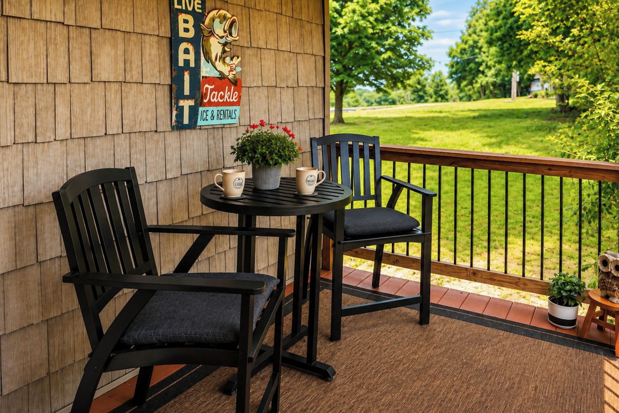 A wooden deck with two black chairs and a small table, a sign advertising live bait tackle, and a view of a green landscape.