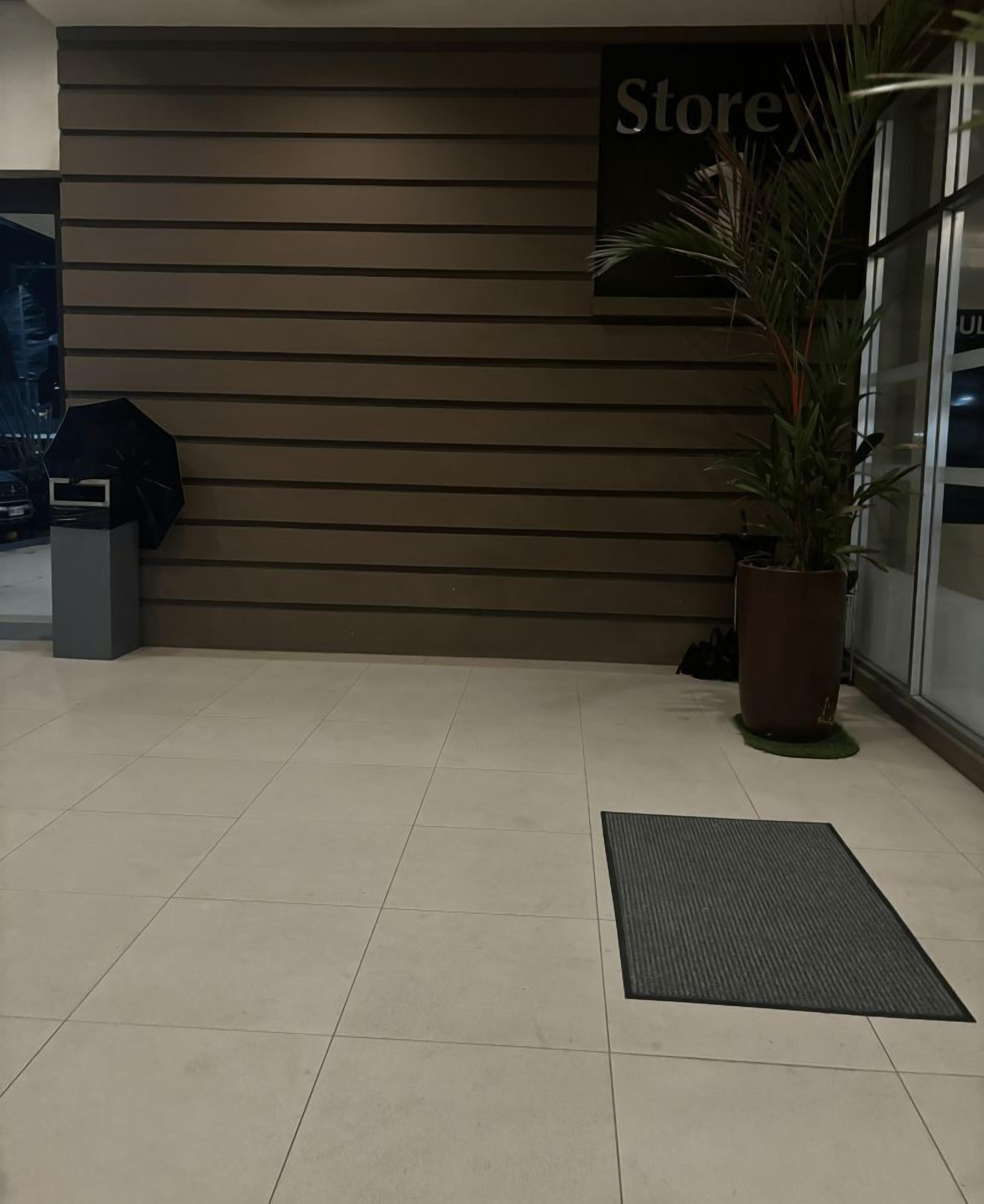 A modern interior with a wooden wall, a sign reading "Storey", and a potted plant.