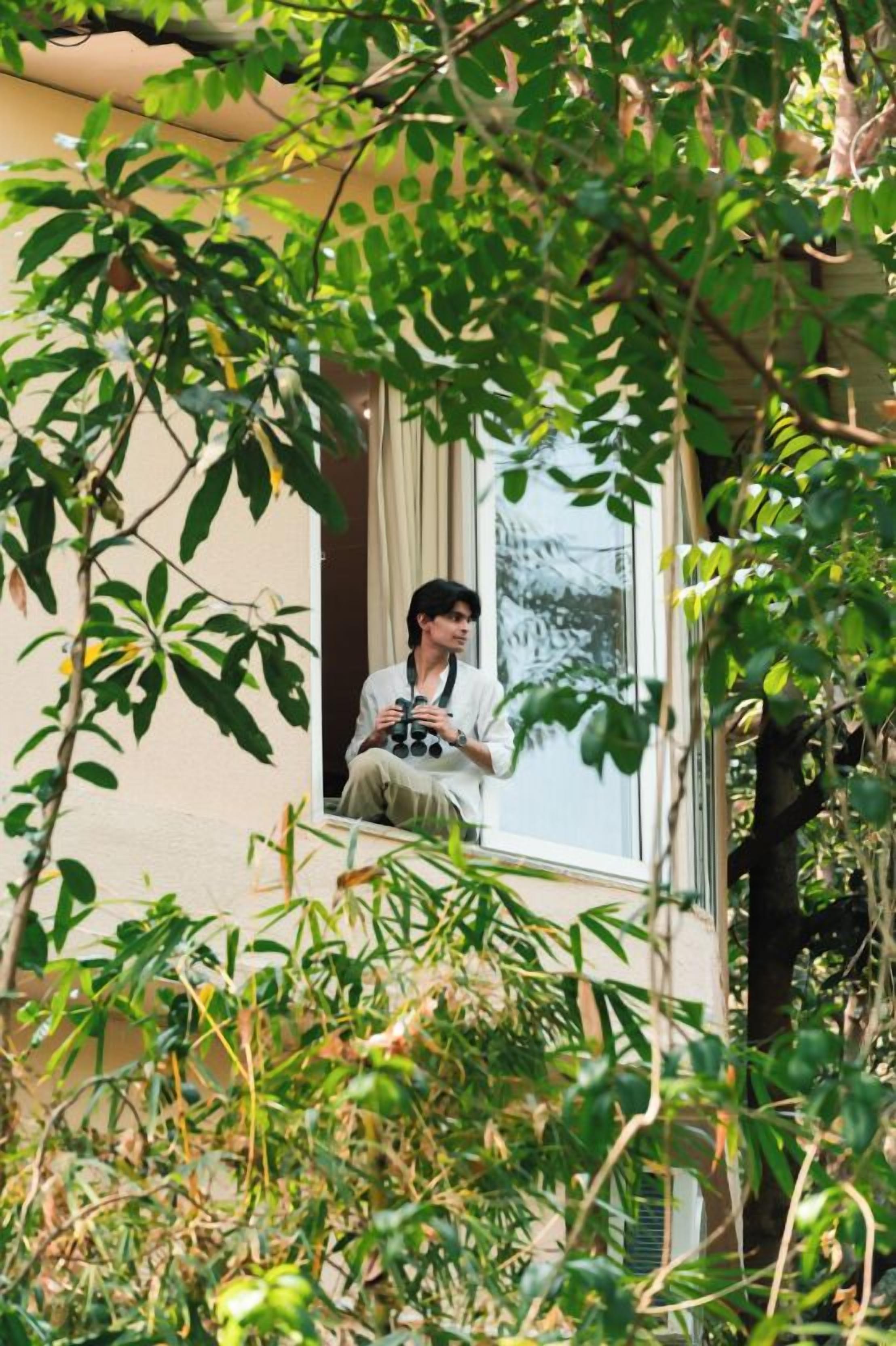 Eine Person sitzt an einem Fenster, umgeben von Pflanzen.