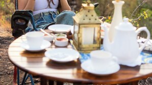 A person sitting at an outdoor table with a tea set, surrounded by greenery. - Jungle Ghar  (Pipariya)