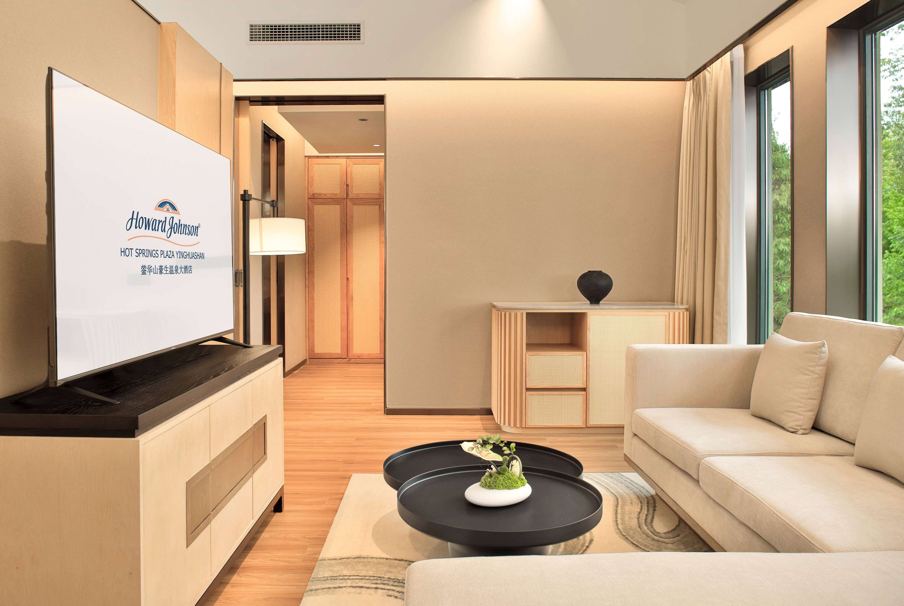 Une chambre d’hôtel moderne équipée d’un téléviseur à écran plat, d’un canapé, d’une table basse agrémentée d’une plante et d’un bureau avec une lampe.