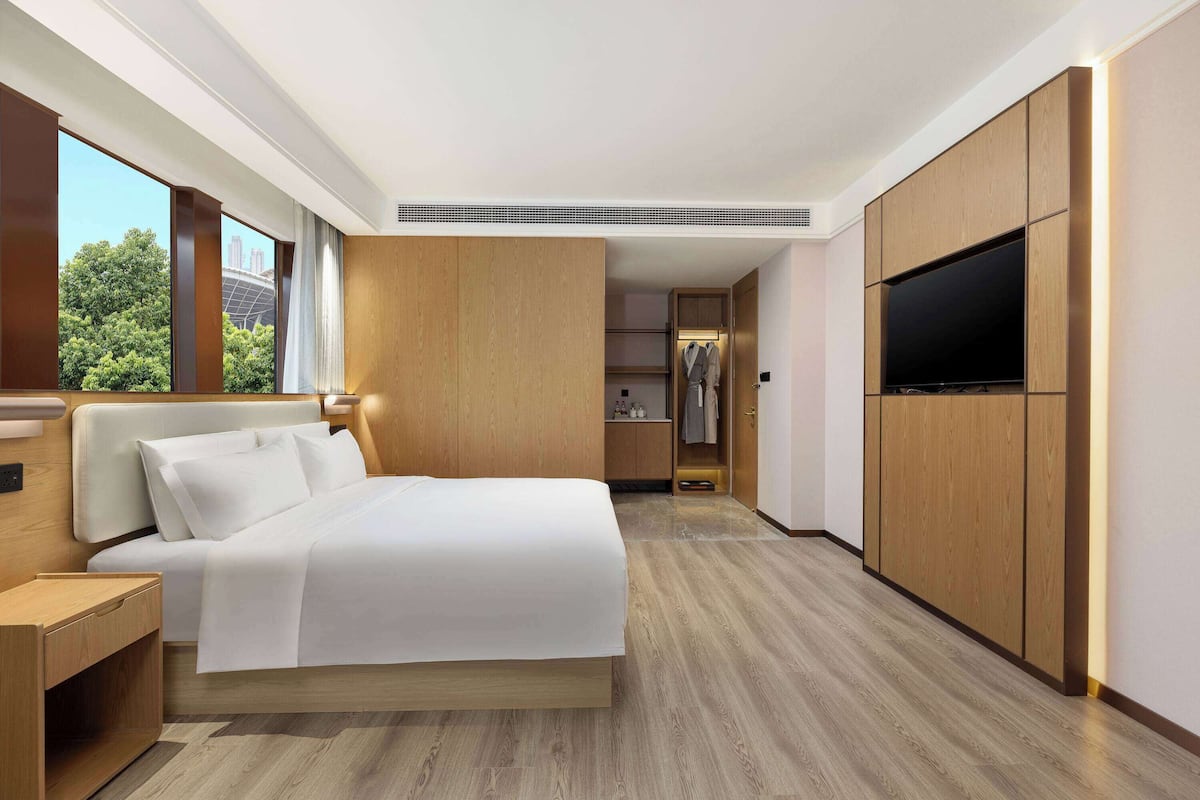 A modern hotel room with a large bed, wooden flooring, a TV, and a view of trees through the window.
