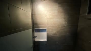 A modern bathroom with a shower, a sink, and a toilet.