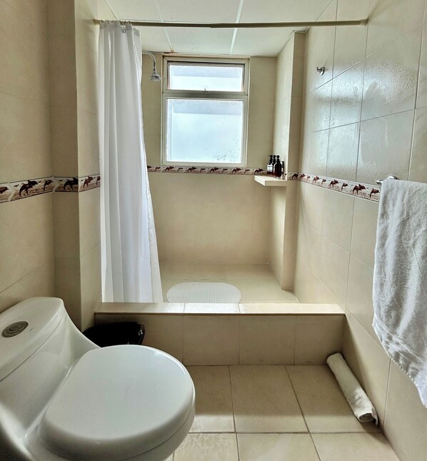 A small bathroom with a toilet, a shower, and a sink. - Con alberca y vista al mar 2 TV's y Netflix (Boca del Río)