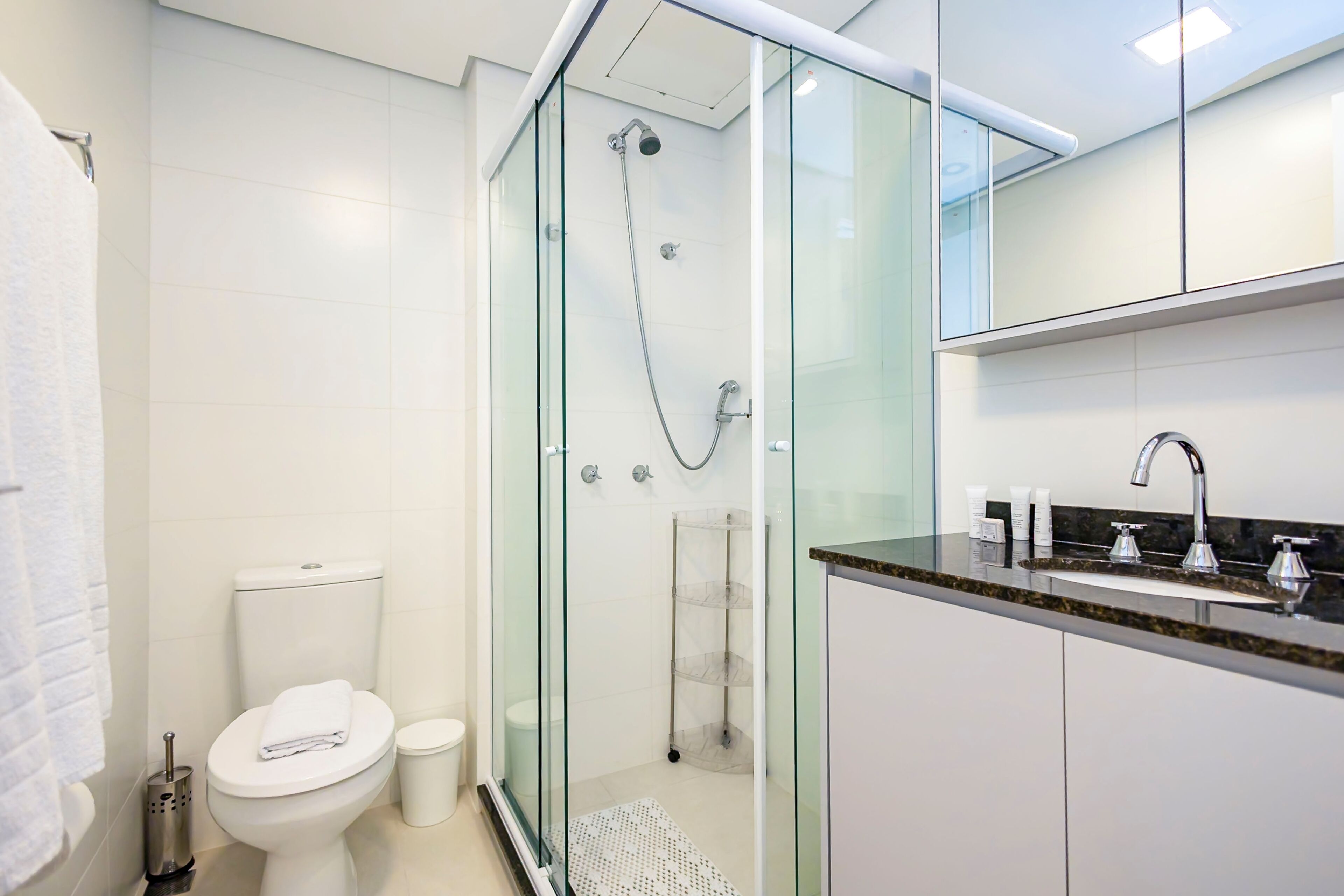 A modern bathroom with a glass-enclosed shower, a toilet, a sink with a marble countertop, and a mirror above the sink.