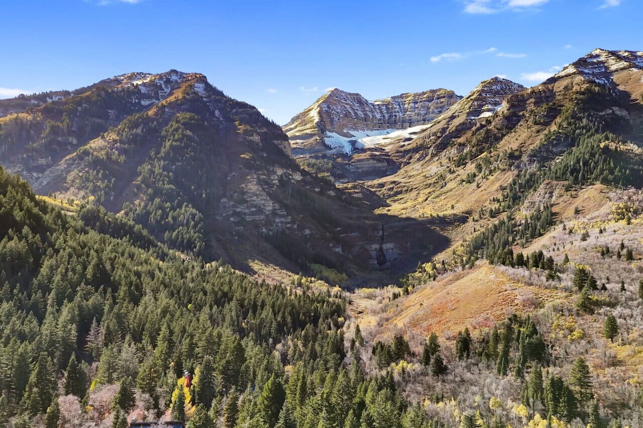 A mountainous landscape with dense forests and a valley.