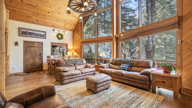 Een gezellig interieur van een chalet met een groot houten plafond, een open haard, leren banken en uitzicht op het bos door grote ramen.