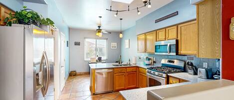 Fridge, microwave, oven, stovetop