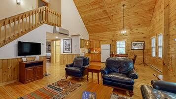 Télévision, cheminée, lecteur de DVD, table de tennis de table