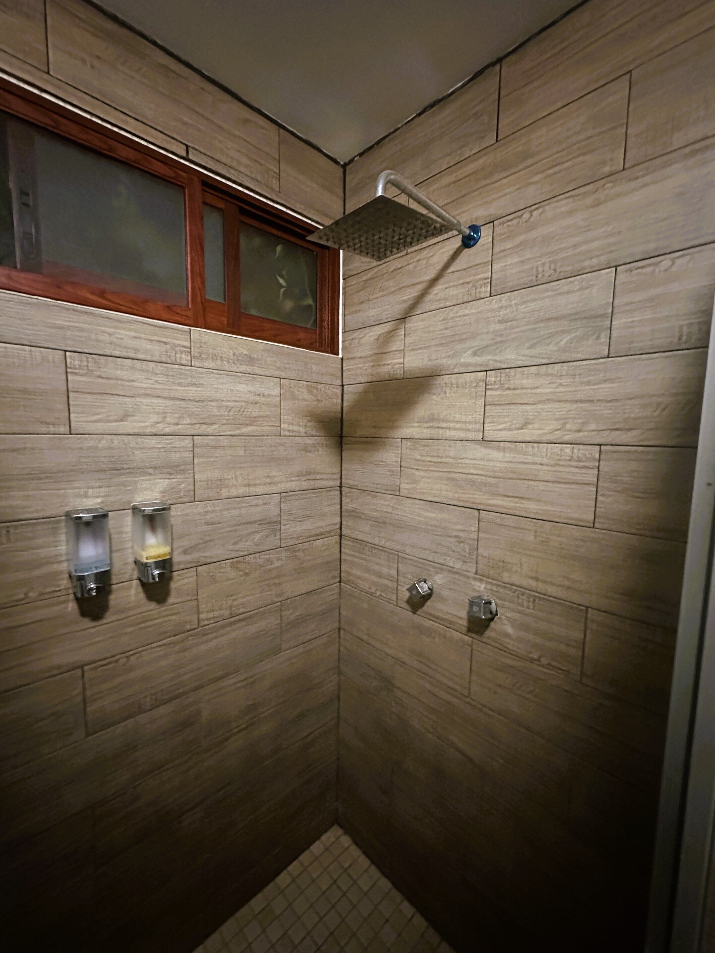 A shower with wooden paneling, a window, and two soap dispensers.