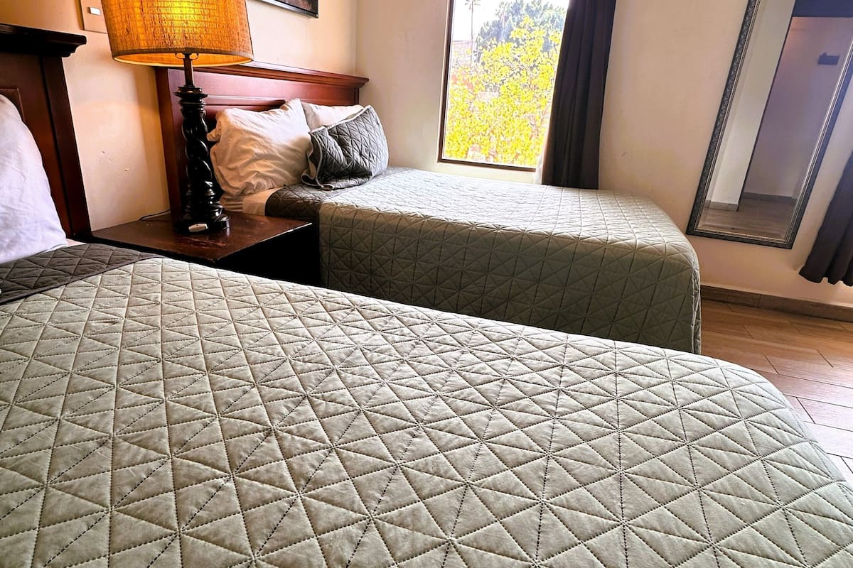 Habitación de hotel con dos camas, una mesita de noche, una lámpara, un cuadro, una ventana con cortinas y un espejo.