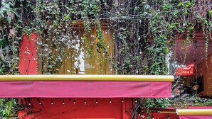 An outdoor dining area with tables and chairs, a bar area with shelves of bottles, and a red wall with greenery growing on it. - Next Bela Cintra by Viva - Prédio completo com wi-fi próximo ao metrô Consolação e ao MASP (São Paulo)