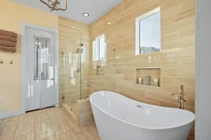 Hair dryer, towels, soap, shampoo
