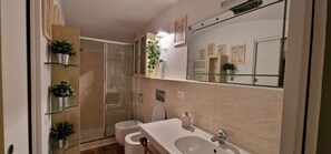 A modern bathroom with a glass shower enclosure, a toilet, a sink, and a large mirror.