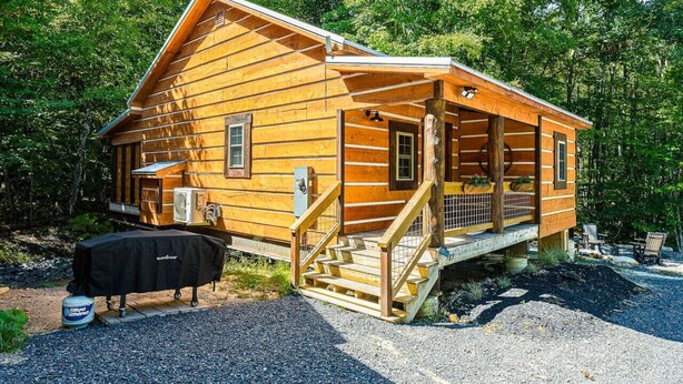Une cabane en rondins avec une véranda, un barbecue extérieur et des marches menant à l’entrée.