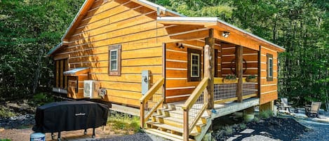 Una cabaña de troncos con porche, parrilla exterior y escalones que llevan a la entrada.