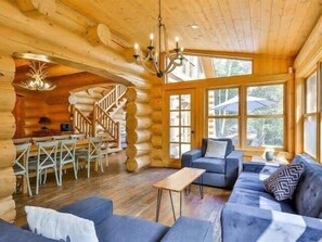 TV, fireplace, books, stereo