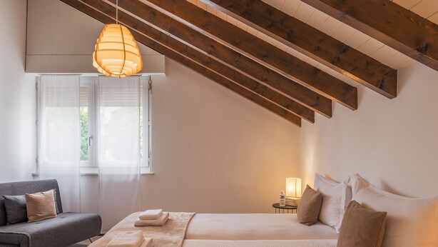 Una camera da letto con un letto, un divano, un comodino con una lampada e un lampadario.