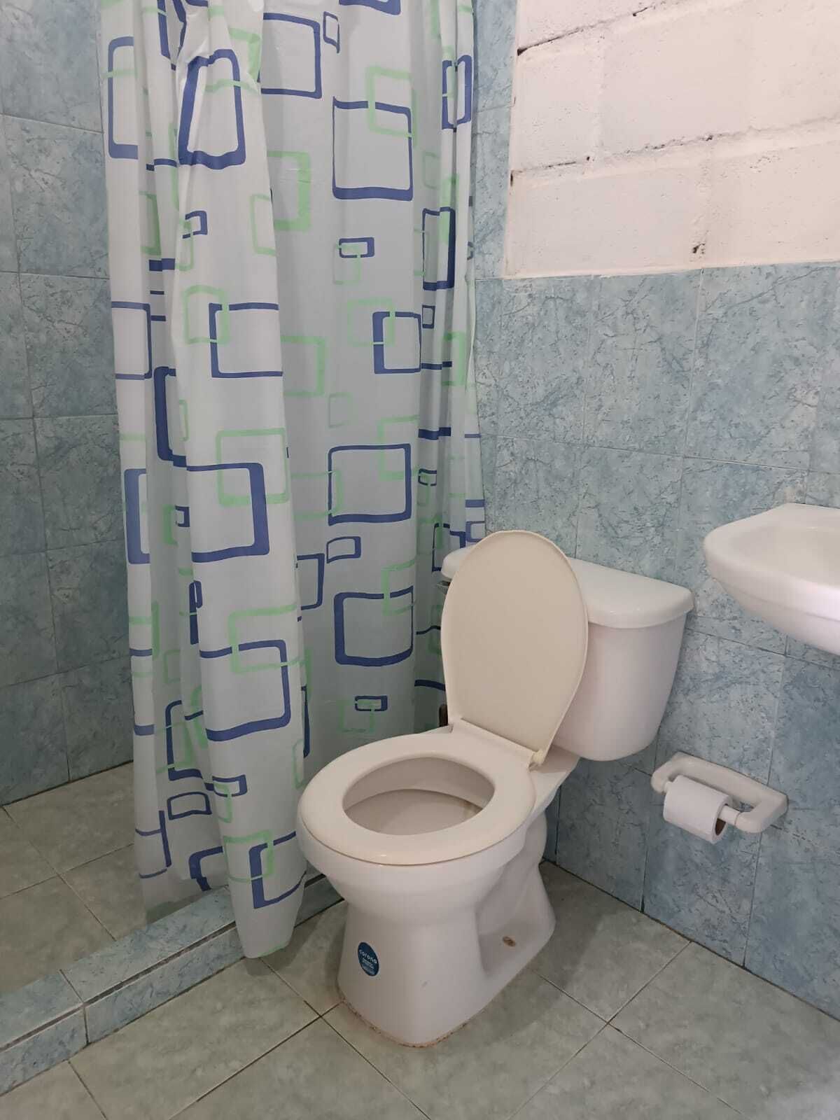 A bathroom with a toilet, a sink, and a shower curtain with a geometric pattern.