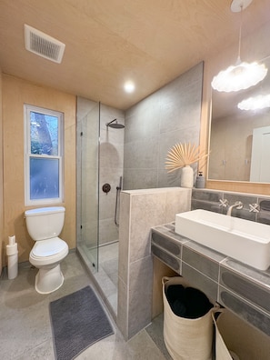 Shower, towels, soap, toilet paper