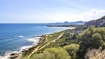Un paysage côtier offrant une vue dégagée sur la mer, un sentier sinueux et une rangée de bâtiments.