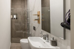 Shower, hair dryer, towels, toilet paper
