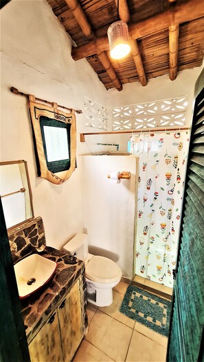 Regadera, toallas, jabón, papel de baño 