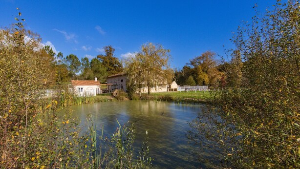 A serene lakeside setting with a house and a small building, surrounded by trees and vegetation. - Holiday Home 'L'Ecurie' with Private Pool, Private Terrace and Wi-Fi (Guizengeard)