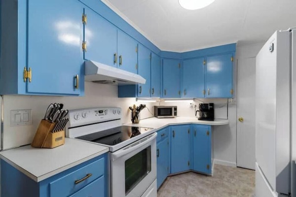 Een koelkast, een magnetron, een oven, een kookplaat