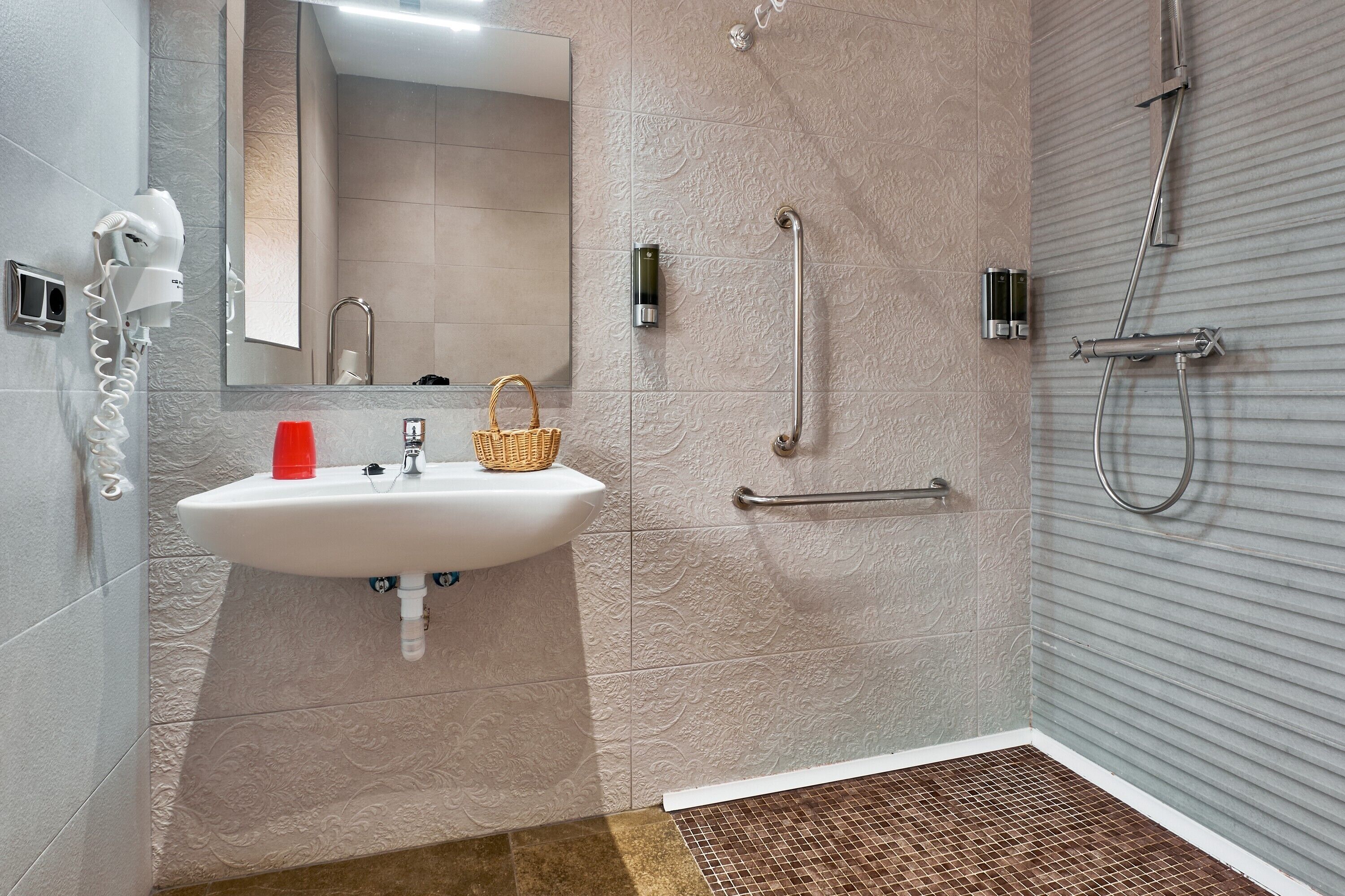 Ein Badezimmer mit Waschbecken, Spiegel, Dusche und Haltegriffen.
