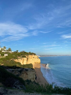 Paisaje costero con acantilados, una playa y cielo despejado.