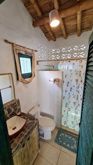 Shower, towels, soap, toilet paper