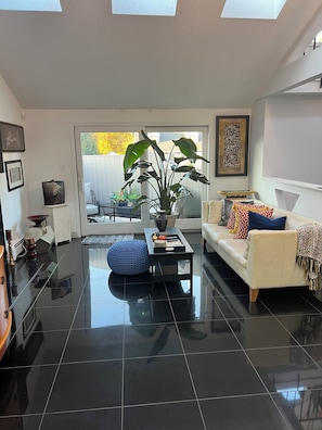Smart TV, fireplace, video games, DVD player