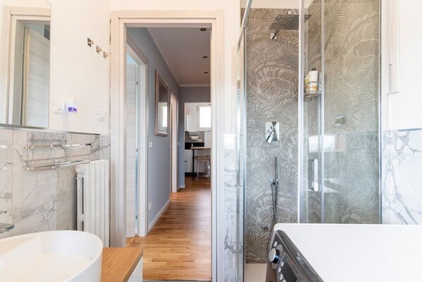 Shower, hair dryer, bidet, towels