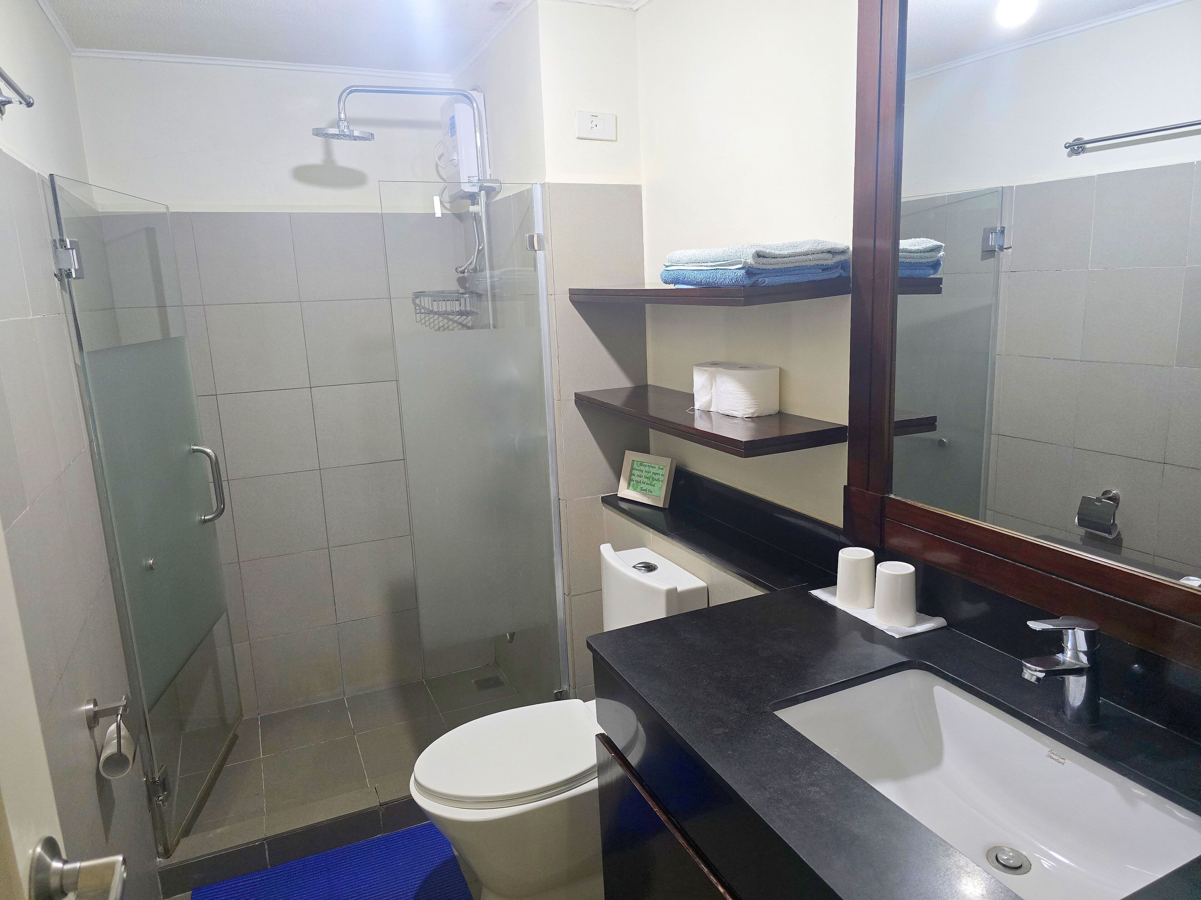 A modern bathroom with a glass-enclosed shower, a white toilet, a black sink, and a mirror above the sink.